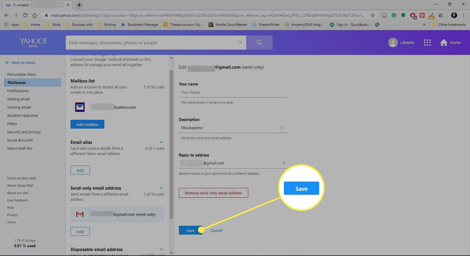 Een screenshot van Yahoo Mail-instellingen met de knop Opslaan gemarkeerd