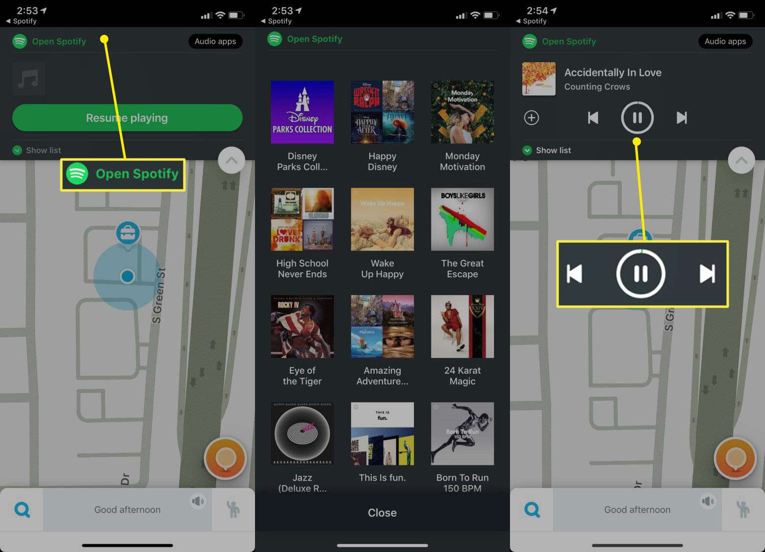 Spotify-menu in Waze eenvoudige navigatie nummers overslaan pauze