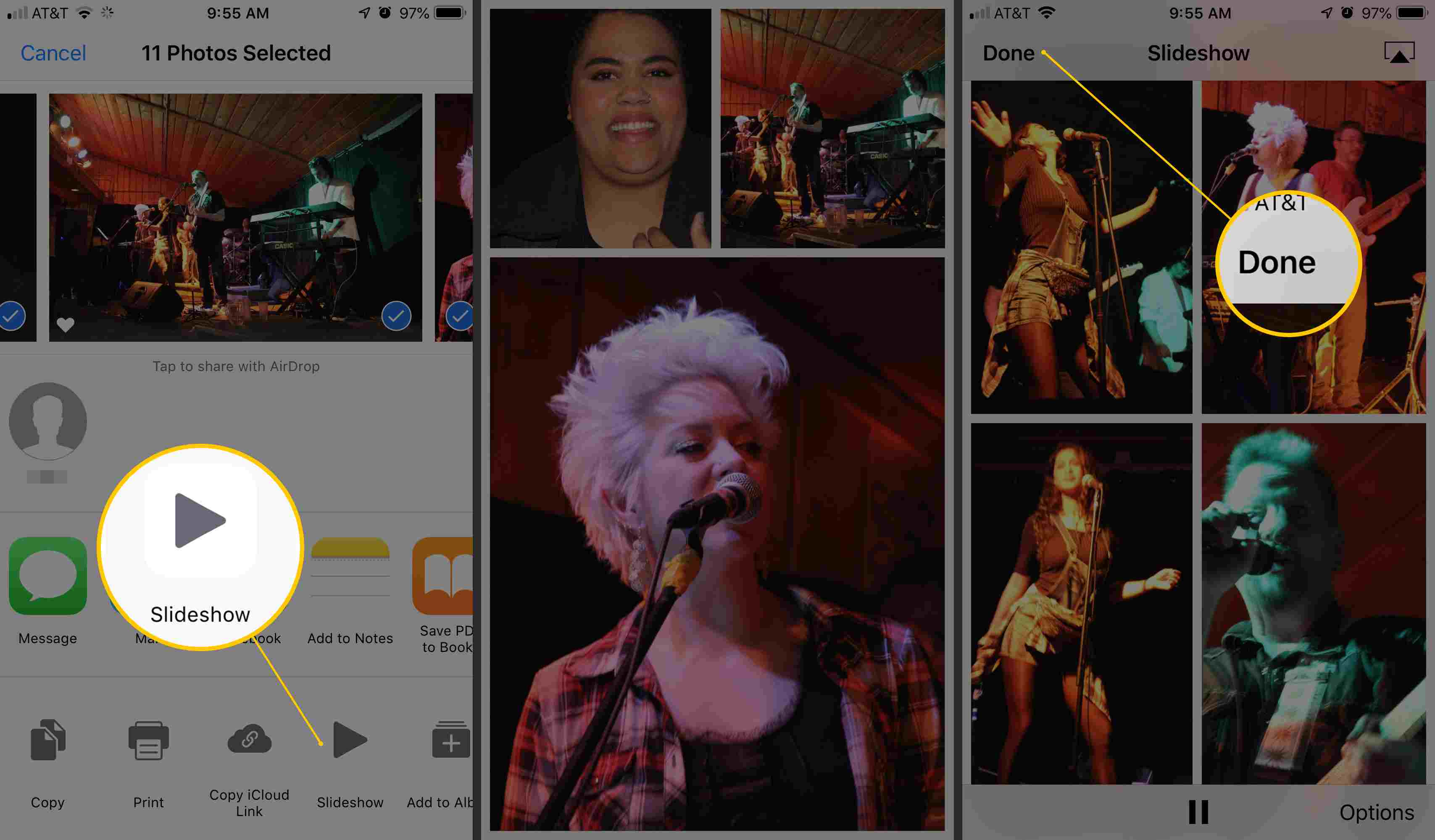 Drie iOS-schermen met de knop Diavoorstelling delen, afspelen van diavoorstelling en knop Gereed