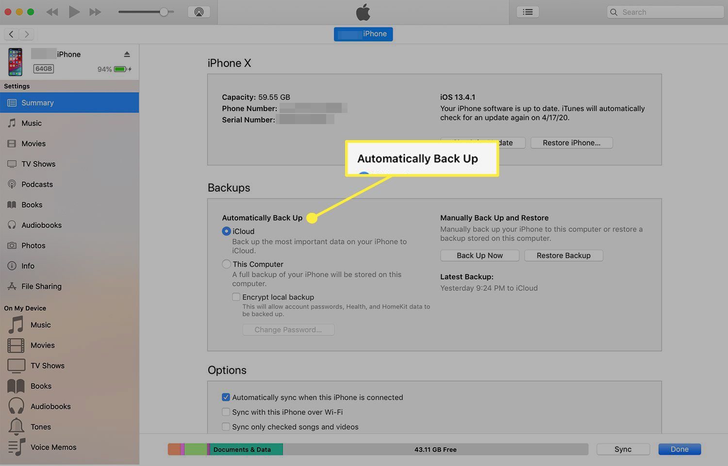 iTunes-apparaatscherm met de "Automatisch een back-up maken" kop gemarkeerd