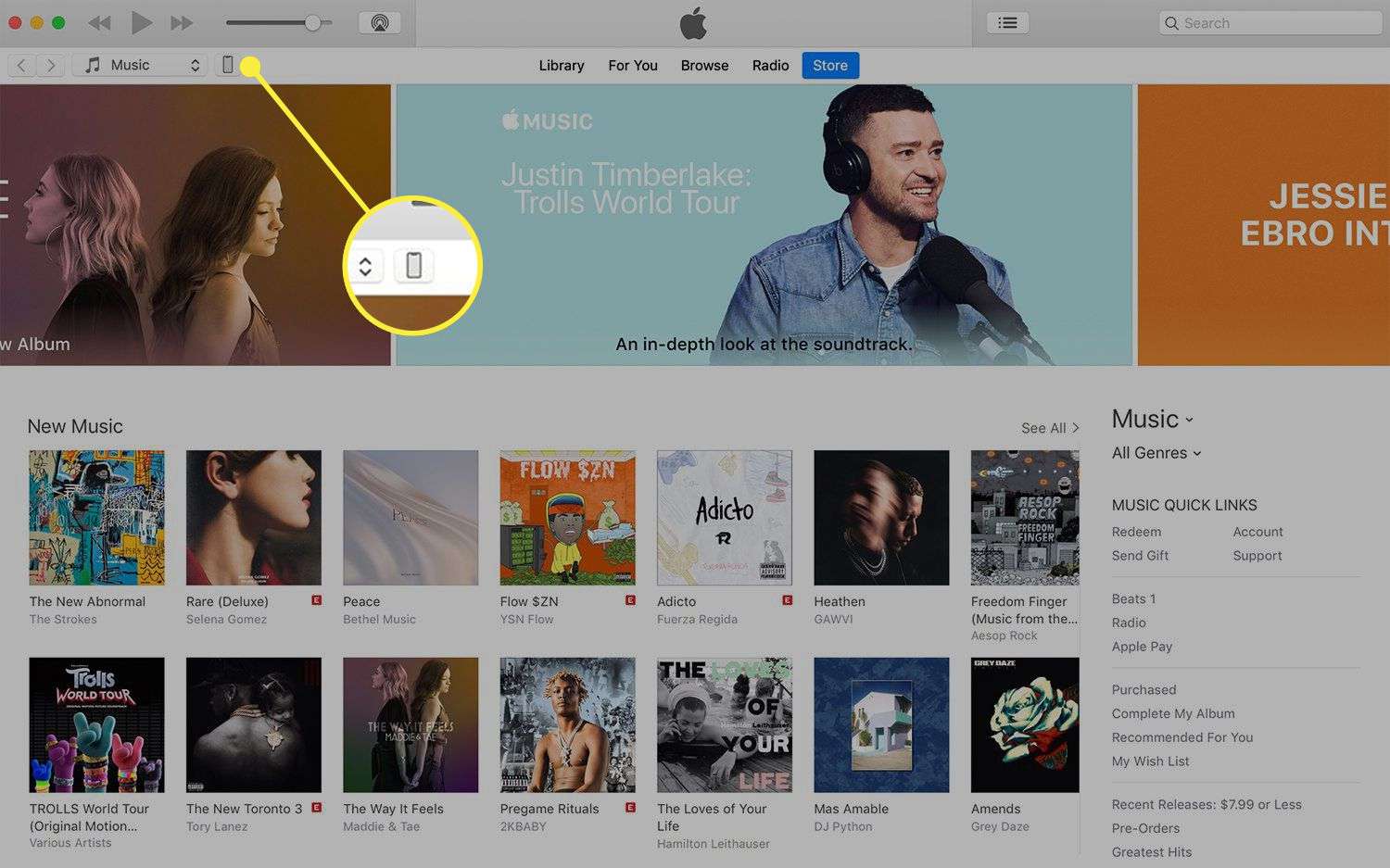 iTunes op Mac met het iPhone-pictogram gemarkeerd
