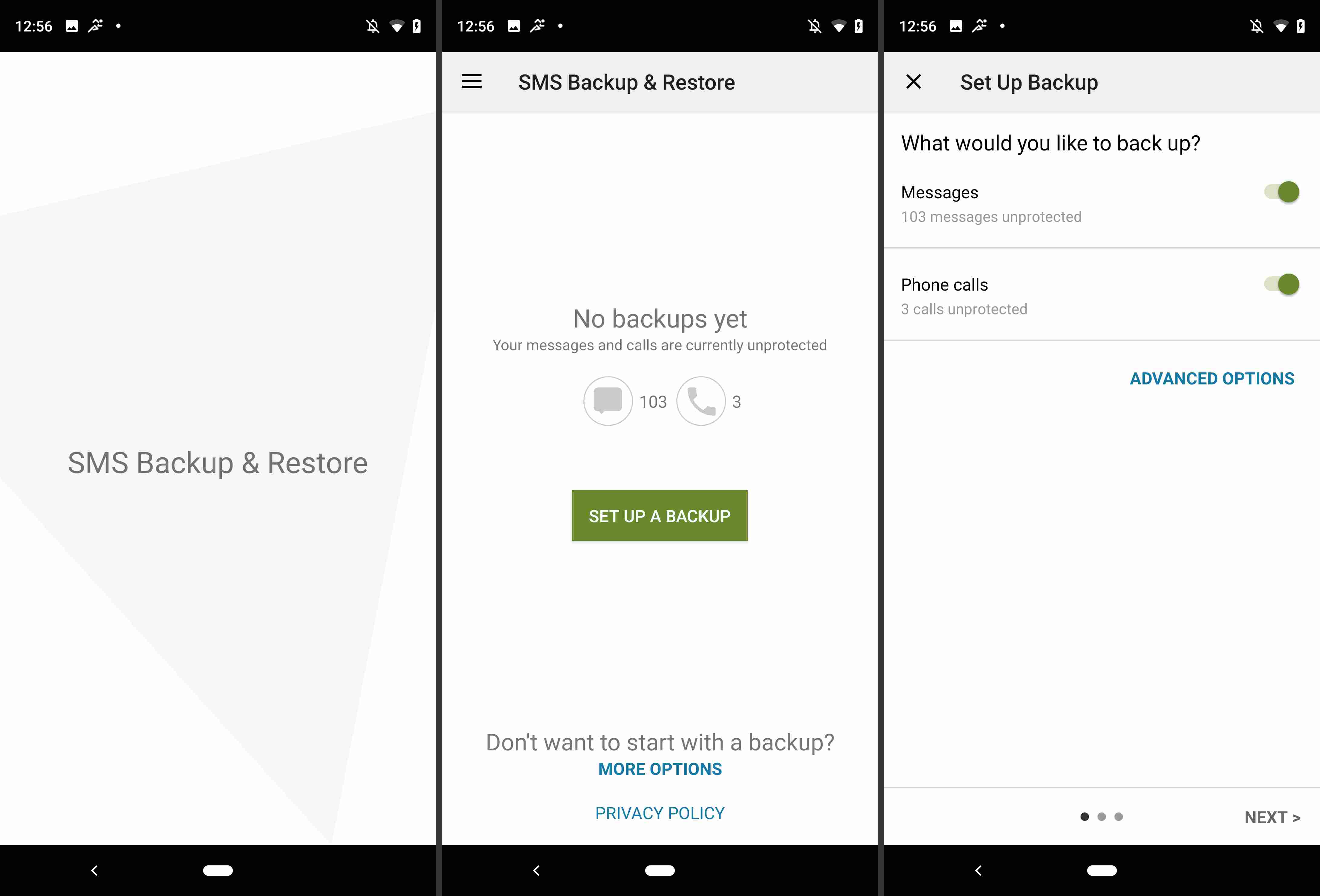 Drie schermen van de SMS Backup & Restore-app van Android
