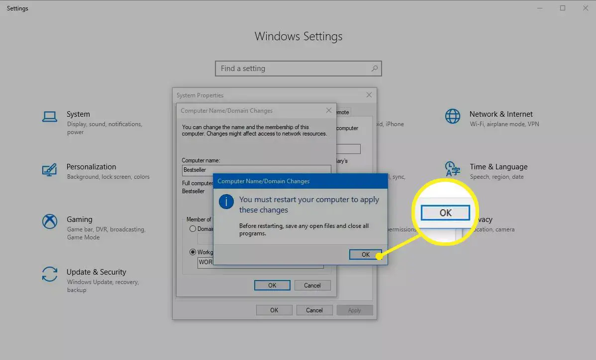 Start uw computer opnieuw op OK-knop in Windows 10