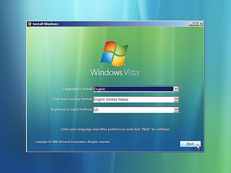 Een screenshot van de opstartreparatie van Windows Vista waarin om de taal en andere instellingen wordt gevraagd