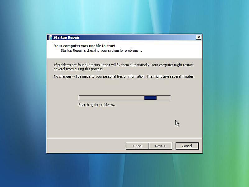 Een screenshot van Windows Vista opstartreparatie op zoek naar problemen