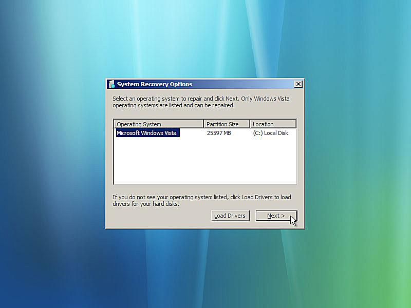 Een screenshot van de opstartreparatie van Windows Vista waarin om uw Windows Vista-installatie wordt gevraagd