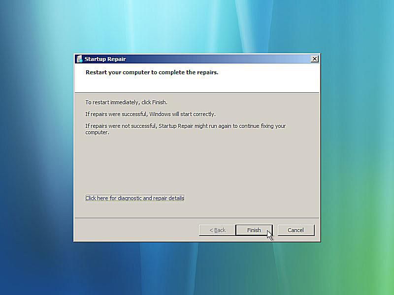 Een screenshot van de opstartreparatie van Windows Vista is voltooid
