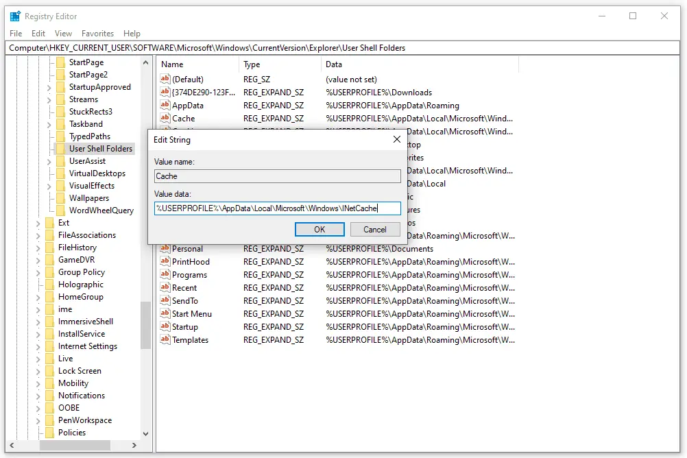 User Shell Folders Cache registervermelding in Windows 10