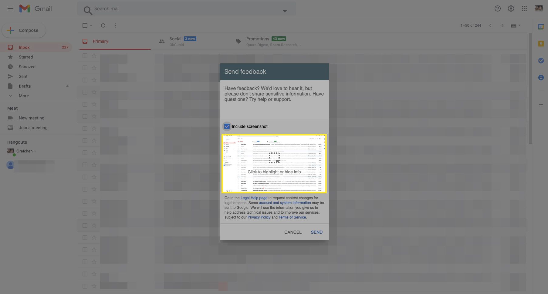 Gmail-feedbackscherm met "Klik om info te verbergen of te markeren" gemarkeerd