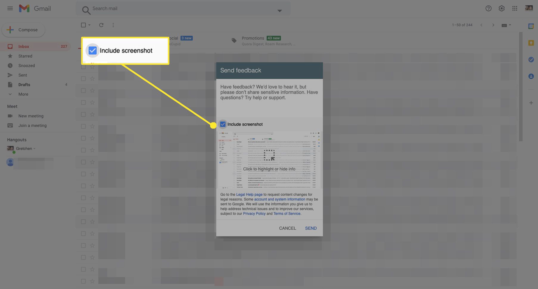Google-feedbackvenster in Gmail met Screenshot opnemen gemarkeerd
