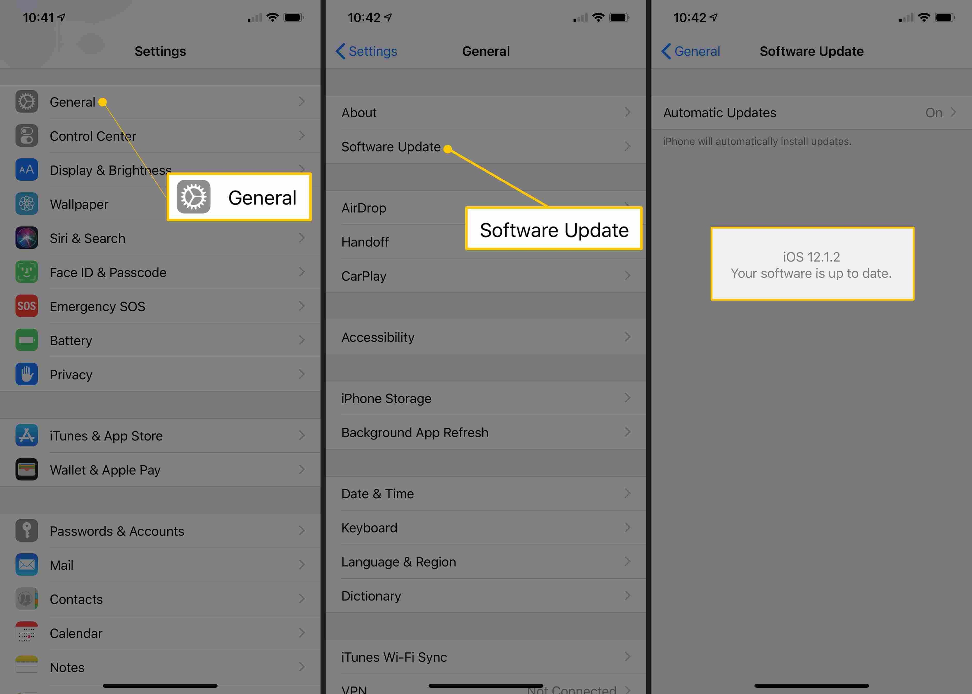 iOS-schermen met Algemeen, Software-update en iOS 12.1.2