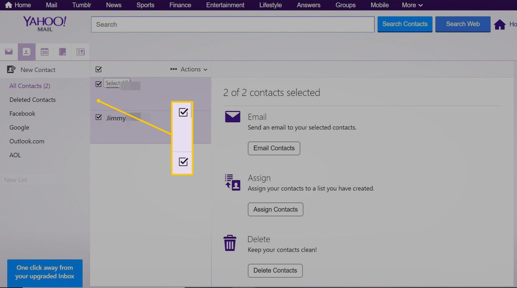 Selectievakjes om contacten te selecteren in Yahoo Mail