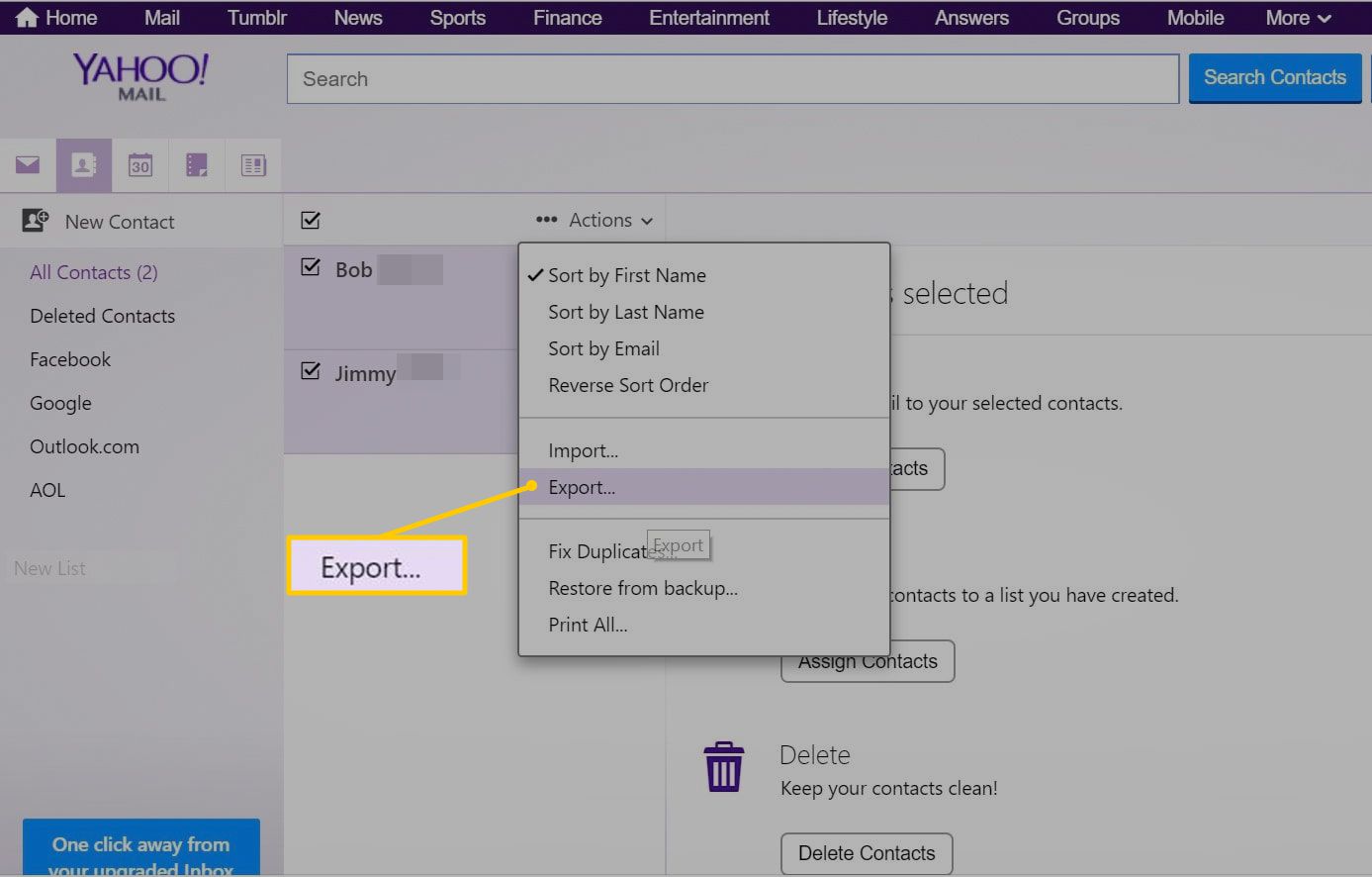 Menu-item exporteren in het menu Yahoo Mail Actions