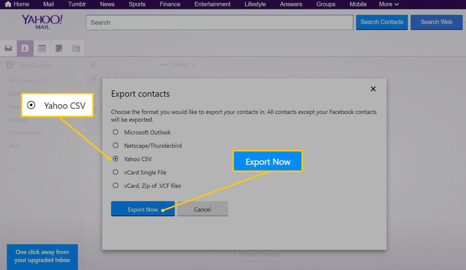 Yahoo CSV, Nu exporteren-knoppen in Yahoo Mail