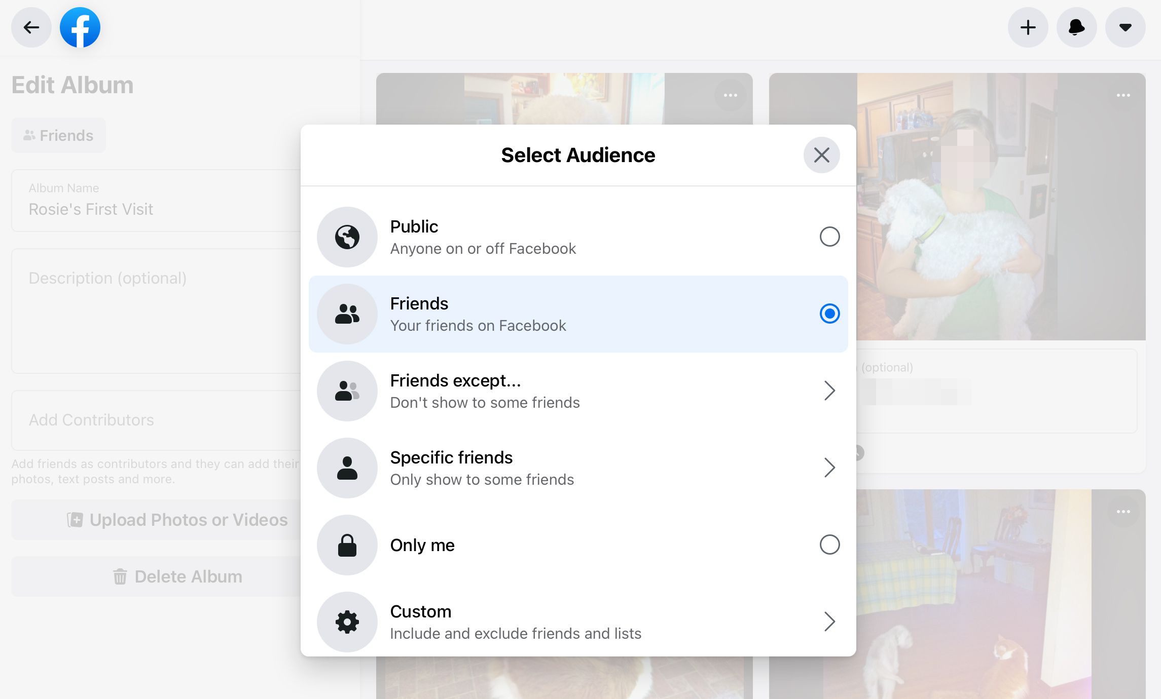Facebook Edit Album-scherm met pop-upmenu Select Audience