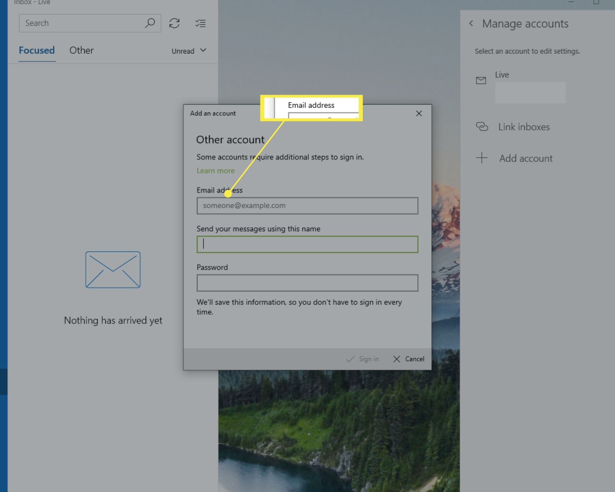 E-mailadresveld in Windows 10 Mail Voeg een accountvenster toe. 