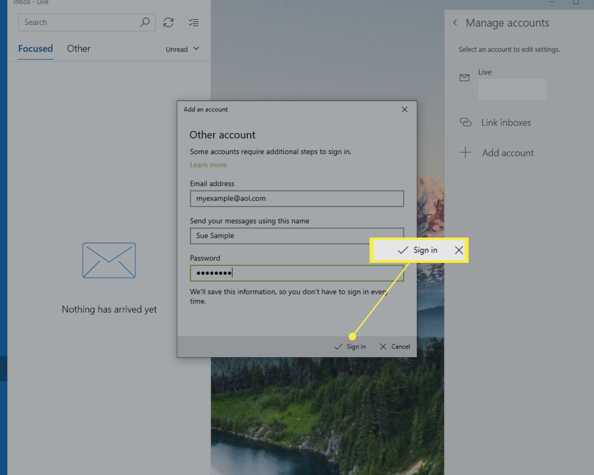 Aanmeldingsoptie op Windows 10 Mail Voeg een accountvenster toe.