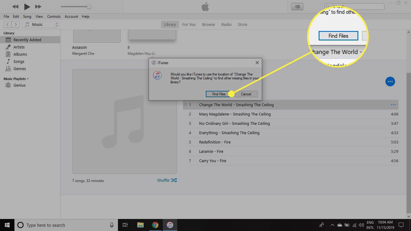 iTunes met de knop Bestanden zoeken gemarkeerd
