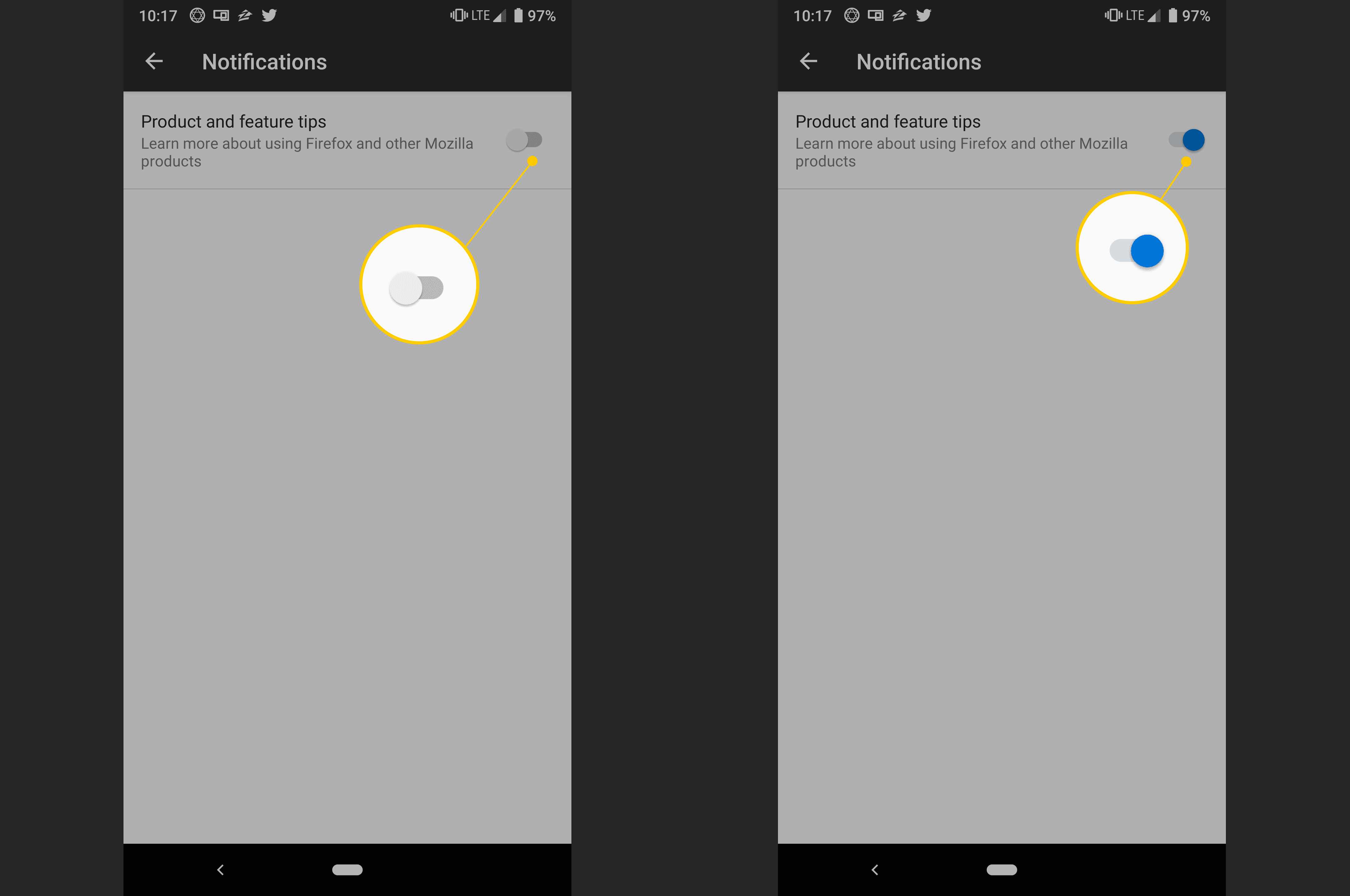 Twee Android-schermen: meldingen UIT en AAN gezet