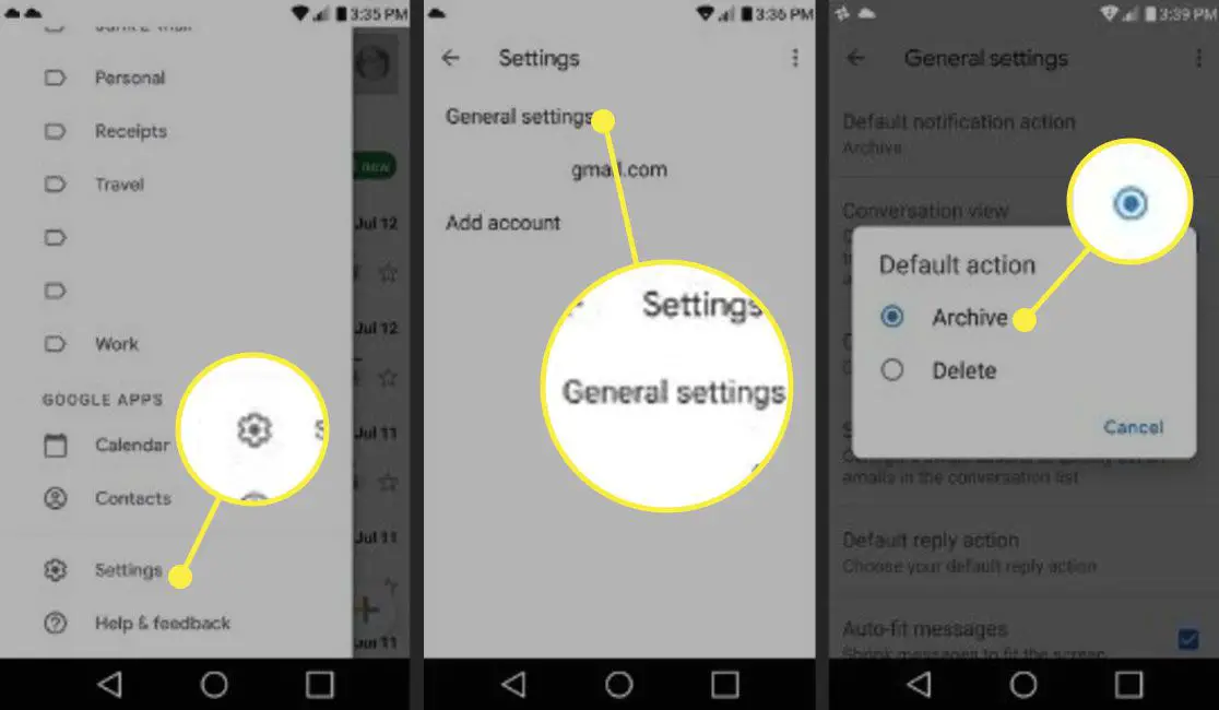 Een Android-telefoon met Instellingen, Algemene Instellingen en de Archief-optie