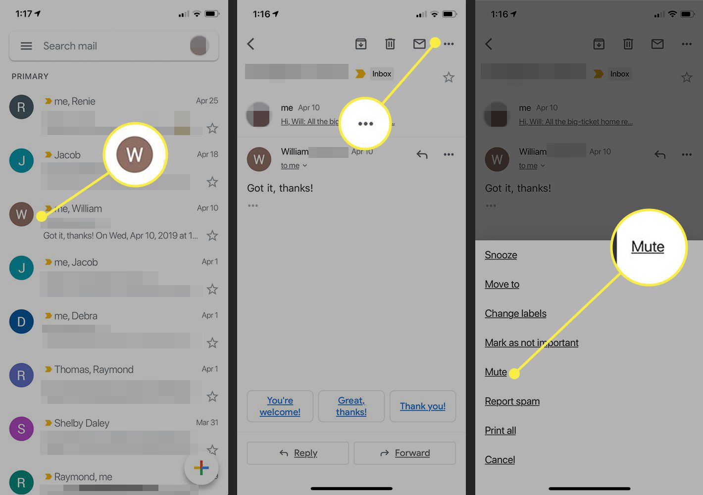 De mobiele Gmail-app die laat zien hoe je een gesprek dempt