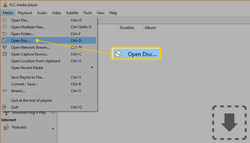 Open het menu-item Schijf in VLC-mediaspeler