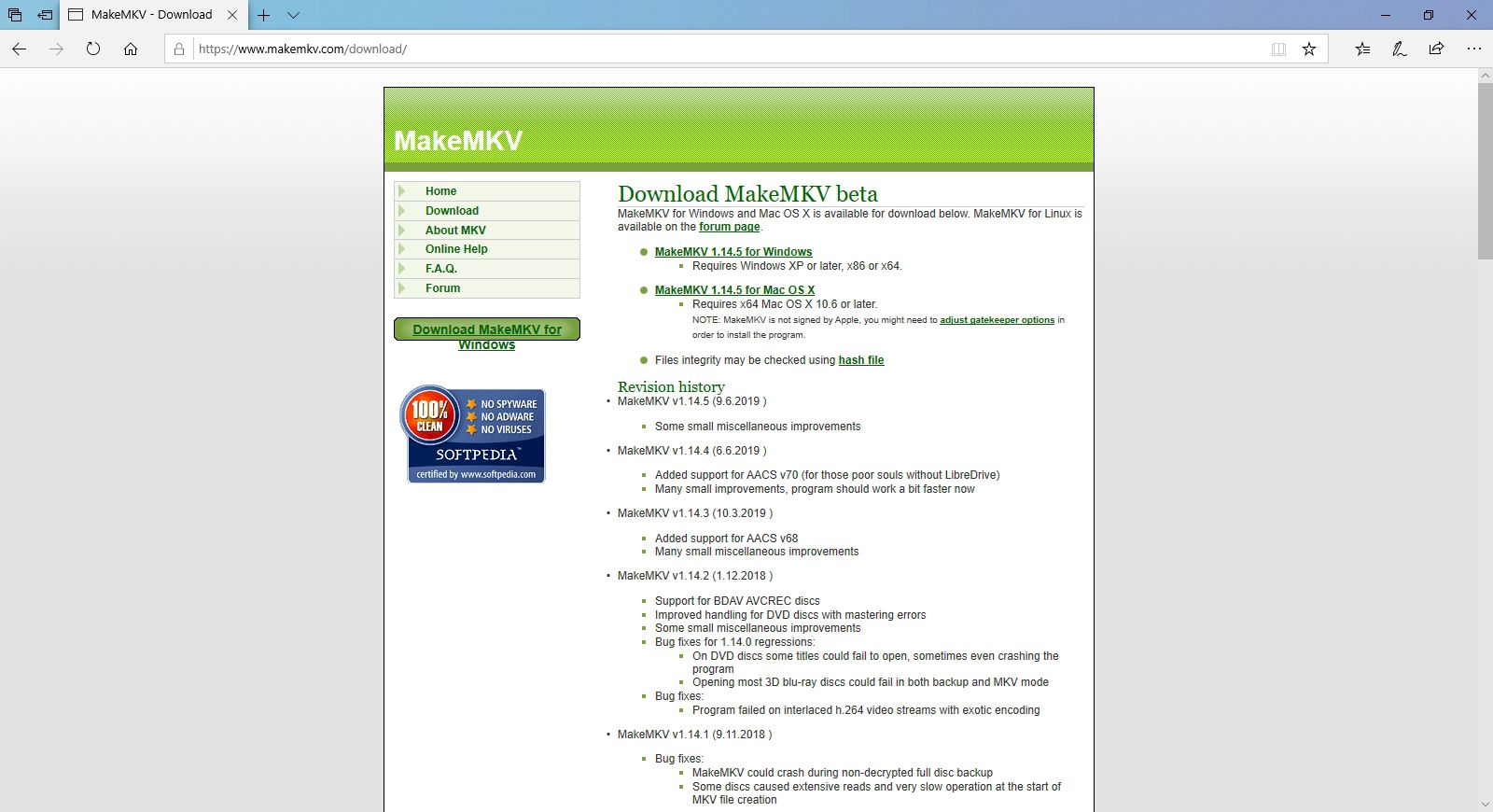 Een screenshot van de MakeMKV-website.