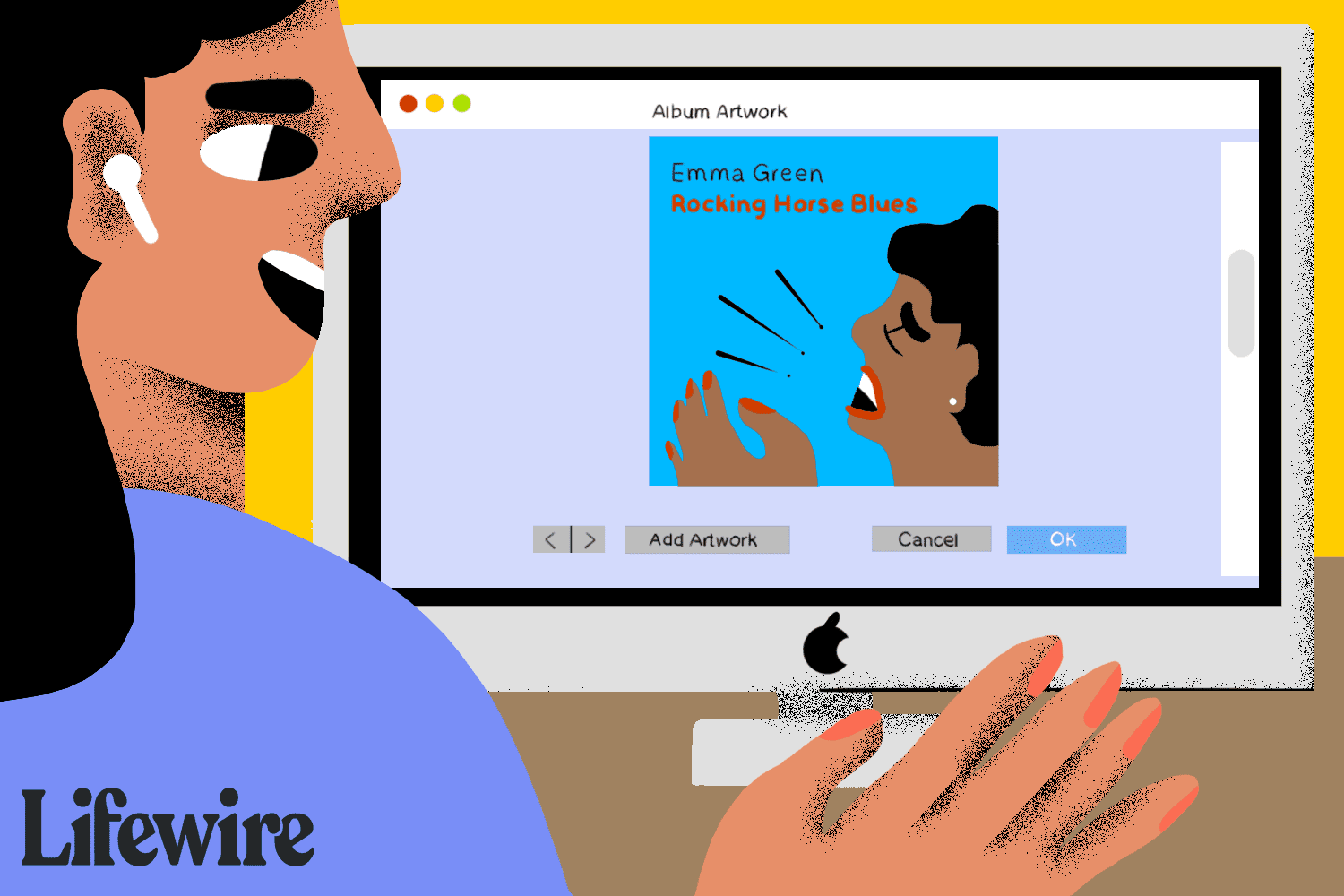 Illustratie van een persoon die naar albumillustraties kijkt op een iMac