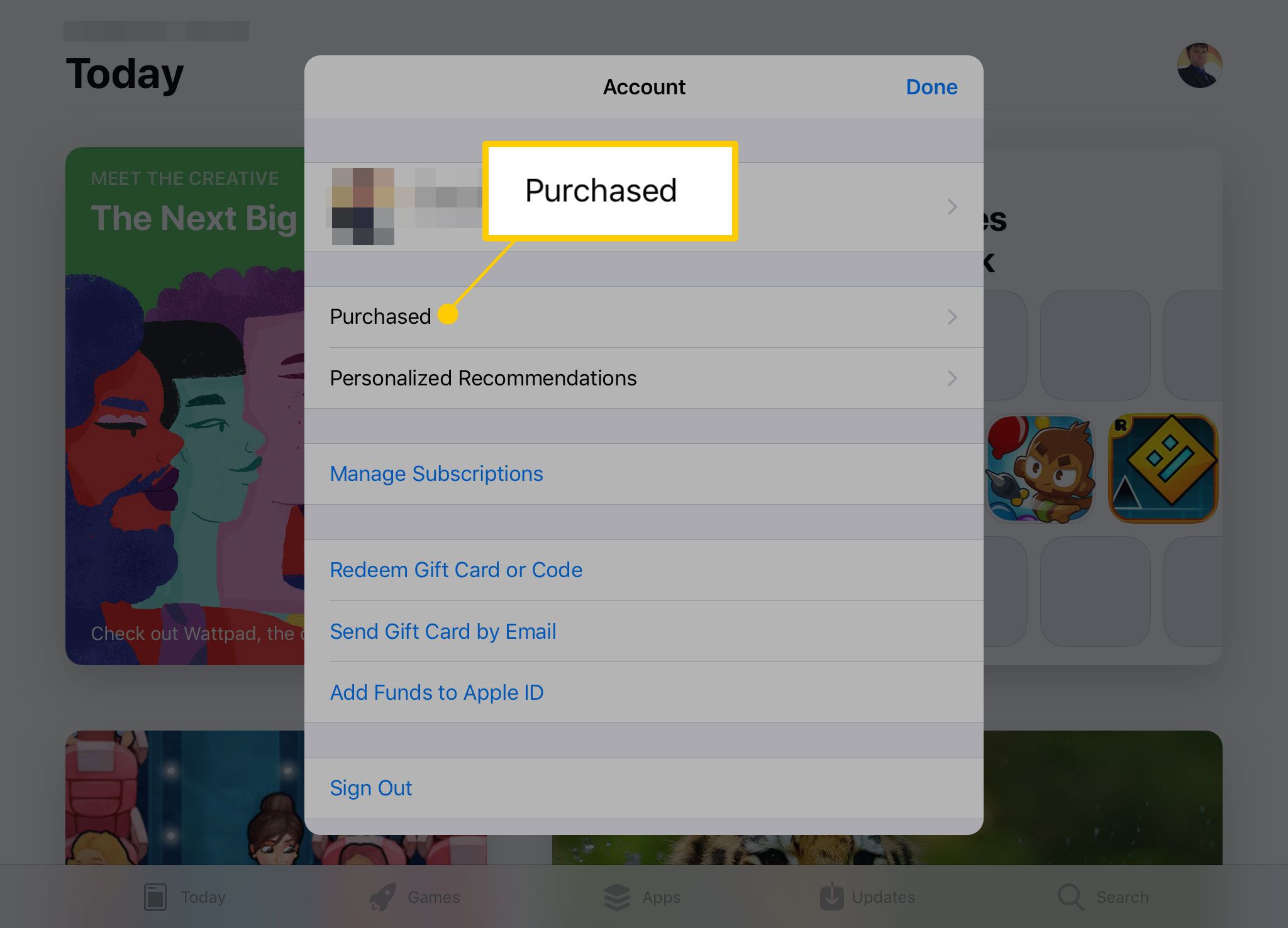 Accountpagina in App Store op iPad