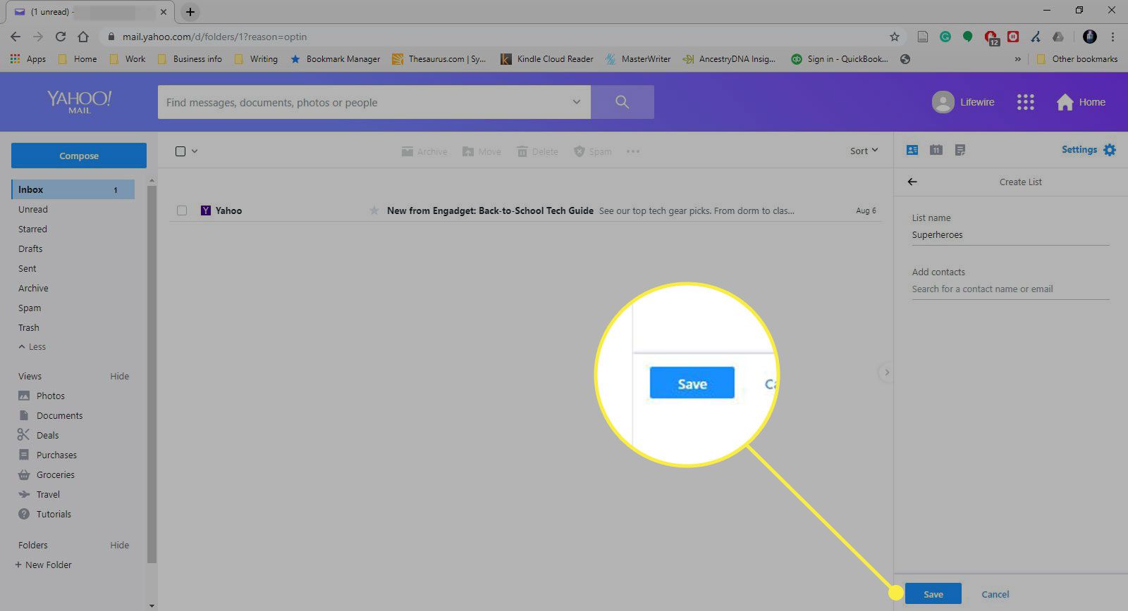 Een screenshot van een lijst in Yahoo Mail met de knop Opslaan gemarkeerd