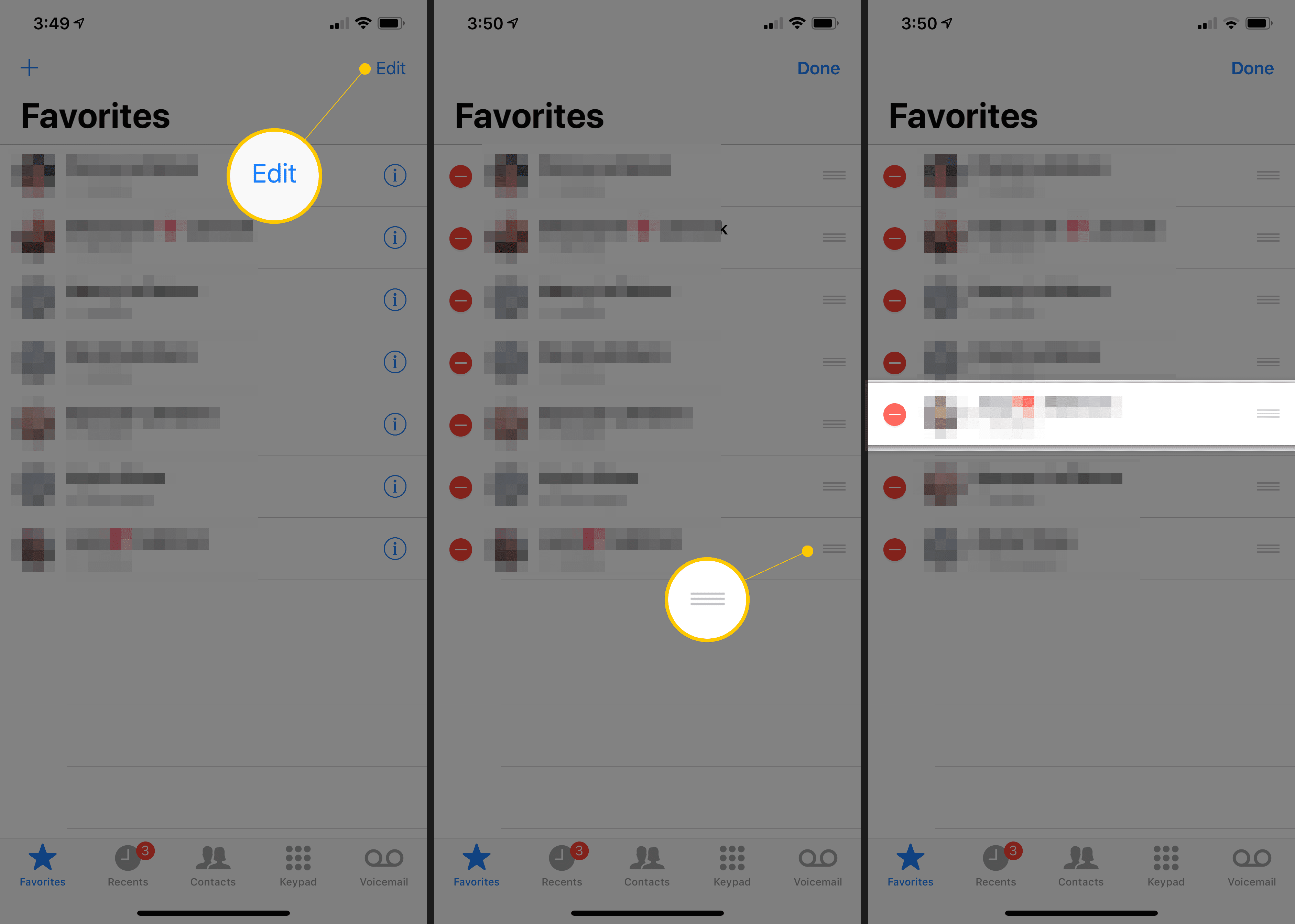 De knop Bewerken, het bewegende pictogram en het verplaatste contact op het scherm Favorieten van de iPhone