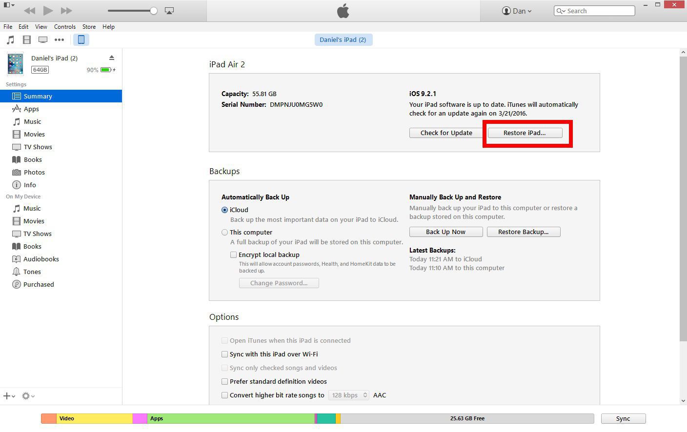 Screenshot van iTunes die laat zien hoe het is om iPad te herstellen.