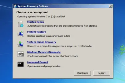 Een screenshot van Systeemherstelopties in Windows 7