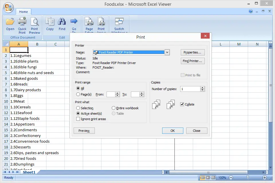 Screenshot van een PDF-printer die wordt gebruikt met Microsoft Excel Viewer
