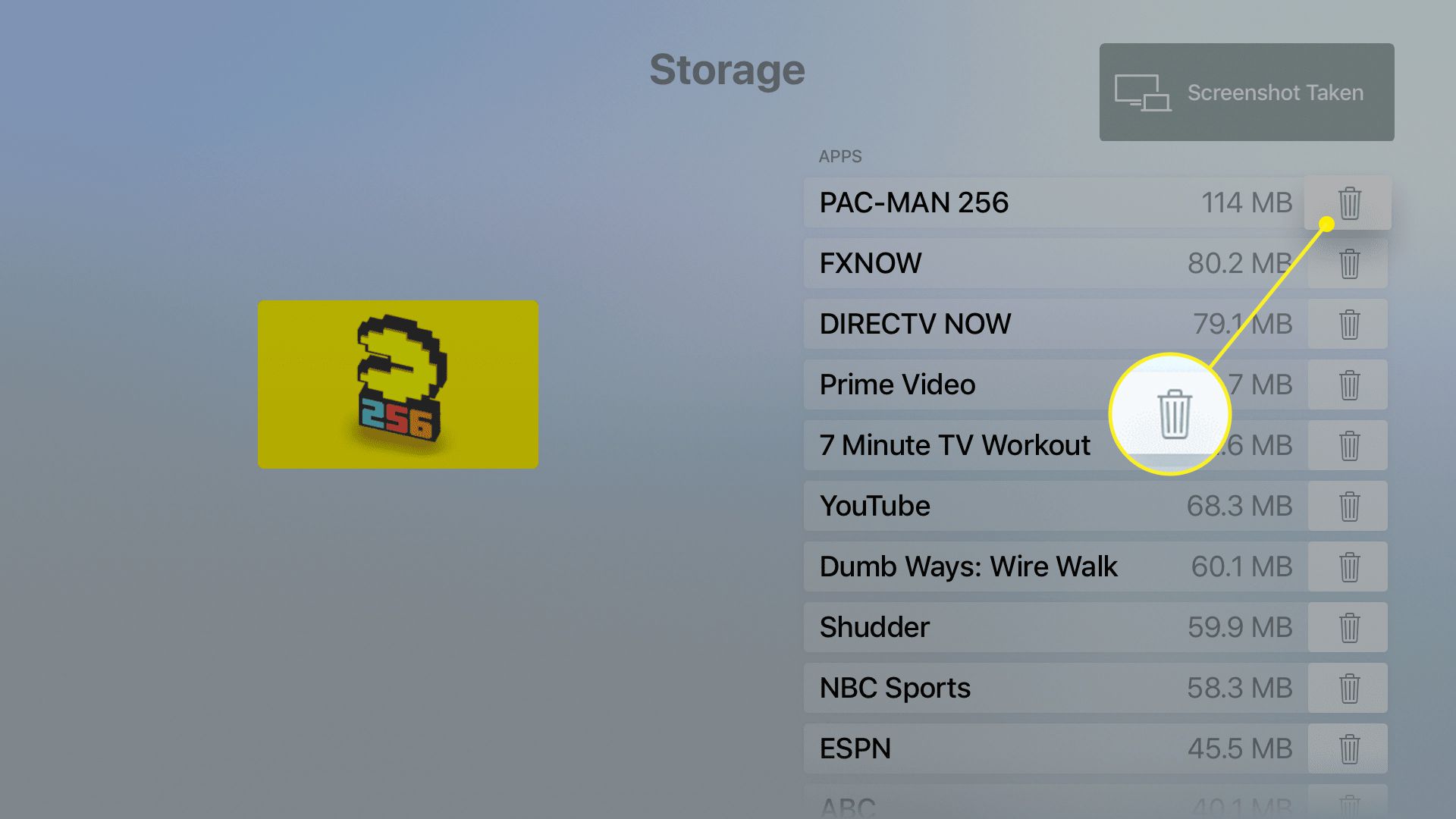 Apple TV-opslagscherm met app-lijst en hoeveelheden opslagruimte