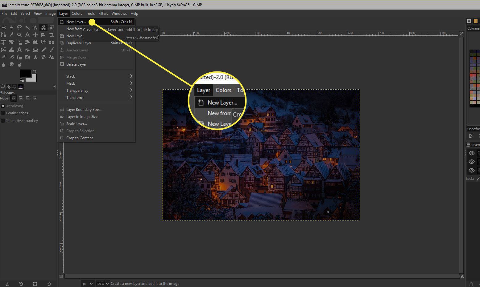 Een screenshot van GIMP met de opdracht Nieuwe laag gemarkeerd