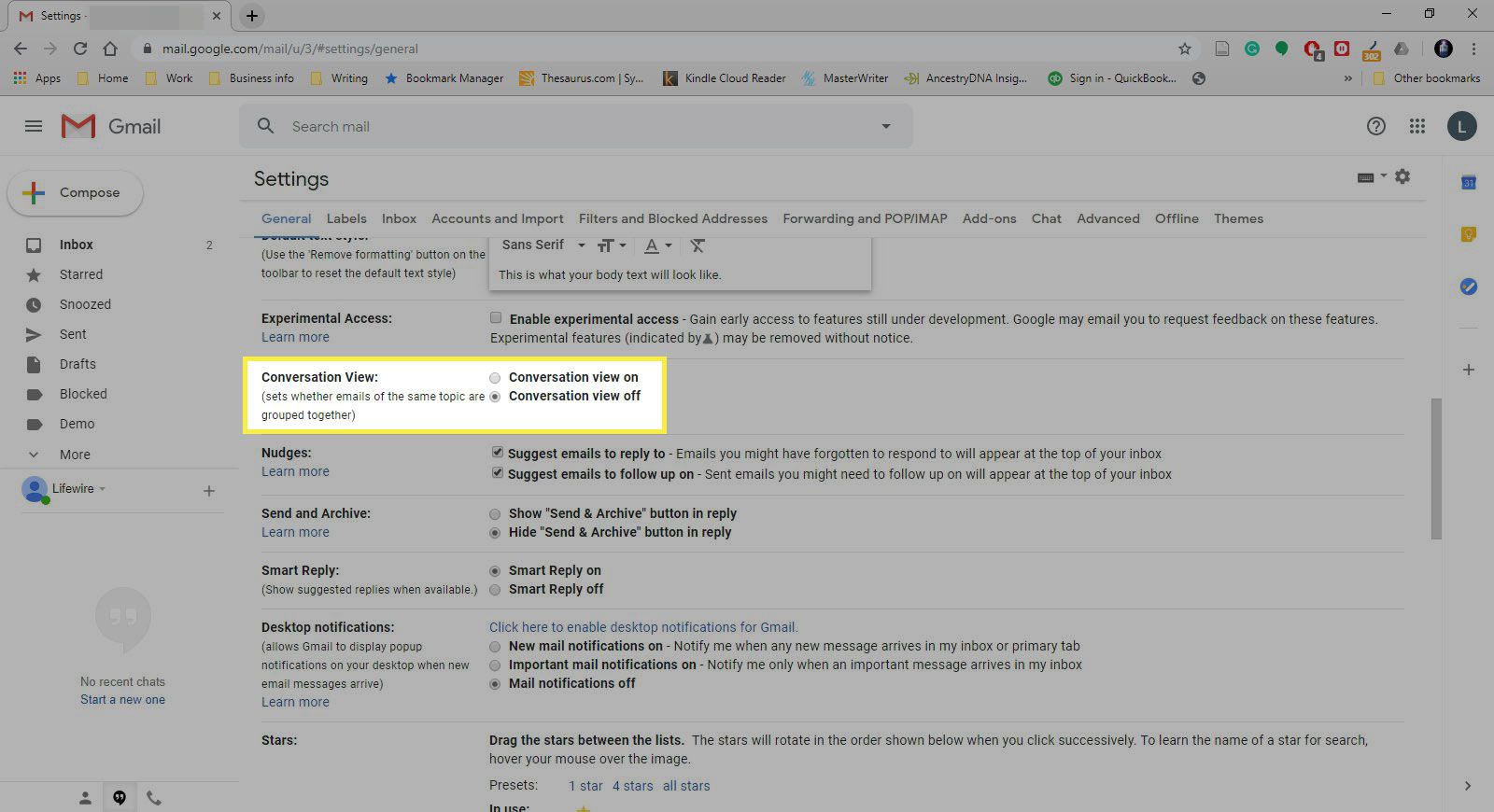 Een screenshot van Gmail-instellingen met het gedeelte Gespreksweergave gemarkeerd