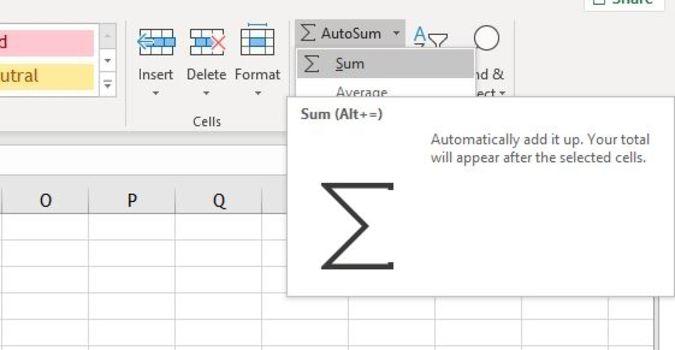 AutoSom op het lint van Excel