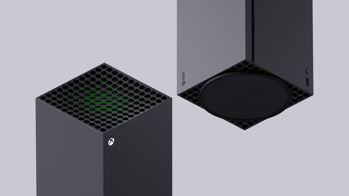 Een weergave van de boven- en onderkant van de Xbox Series X wanneer je verticaal staat