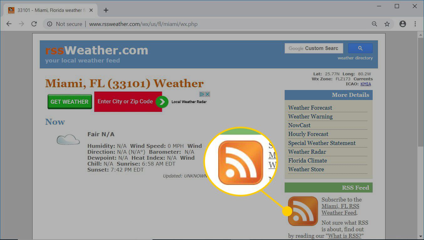 Webpagina RSSWeather.com met een RSS-pictogram voor een RSS-feed