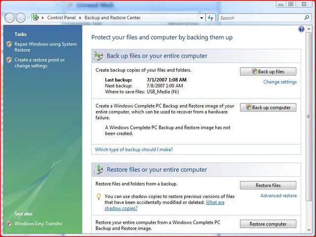 Back-up- en herstelcentrum van Windows Vista
