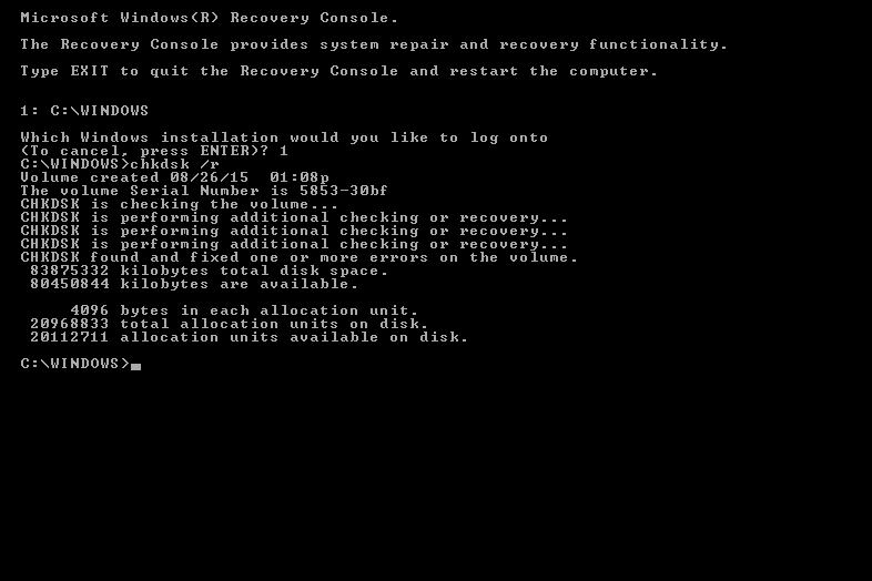 chkdsk r recovery console 5a95825d3de423003780795c
