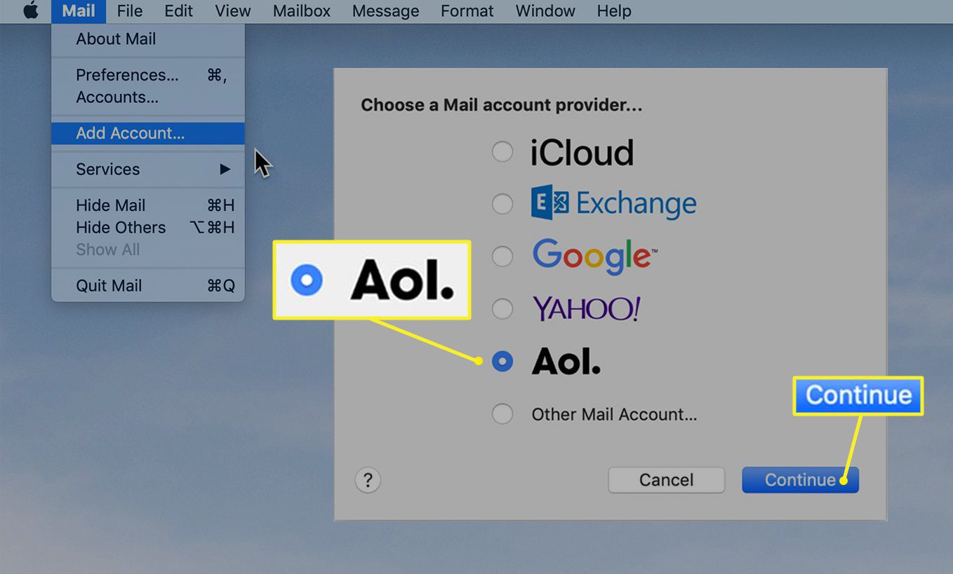 Scherm met de e-mailopties van Mail met AOL-mail geselecteerd