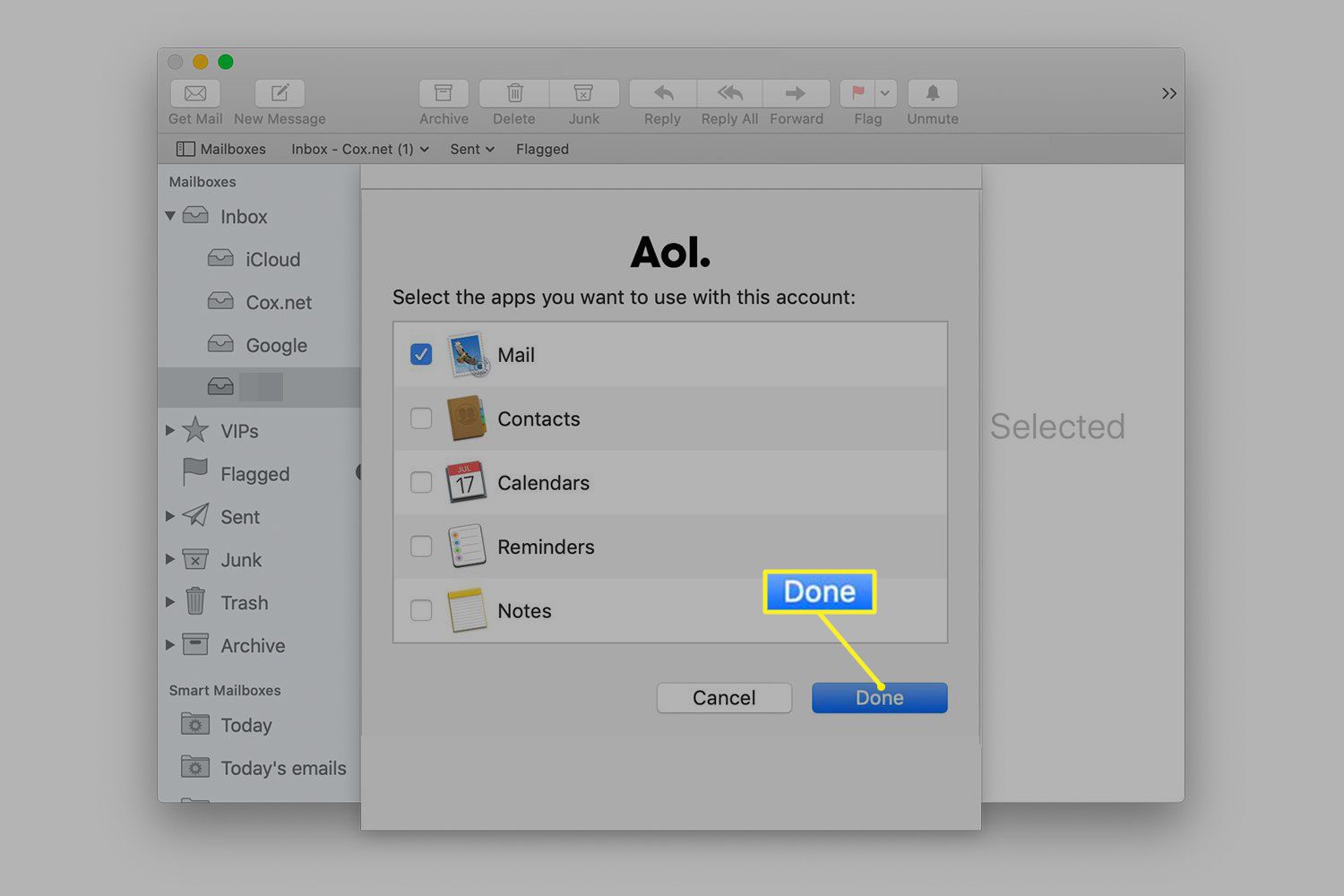 Selectie van apps die beschikbaar zijn in AOL voor Mac