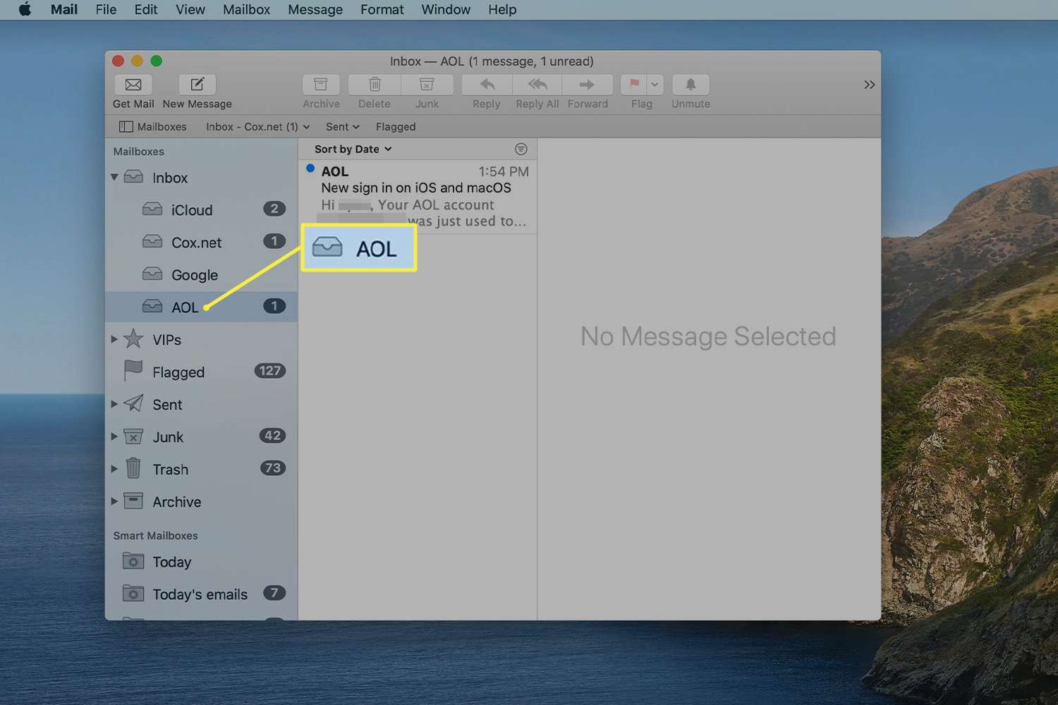 AOL-mailscherm in Mac Mail