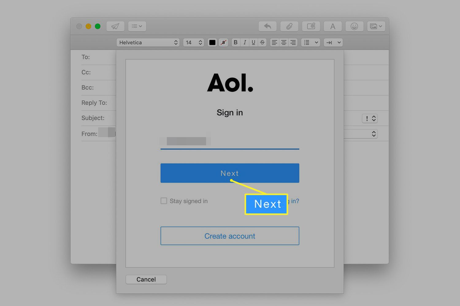 AOL-aanmeldingsscherm in Mac Mail