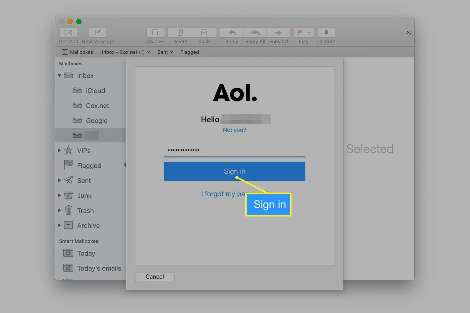 AOL-wachtwoordscherm in Mac Mail