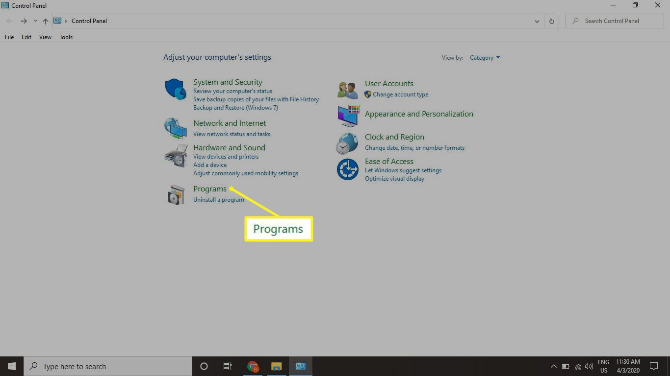 Windows Configuratiescherm met Programma's gemarkeerd