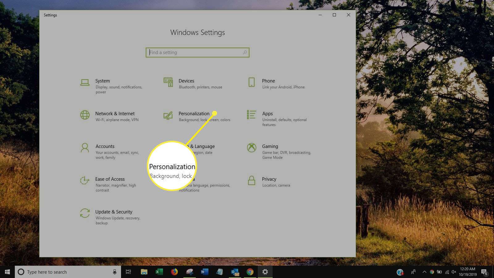 Schermafbeelding van personalisatie in Windows-instellingen