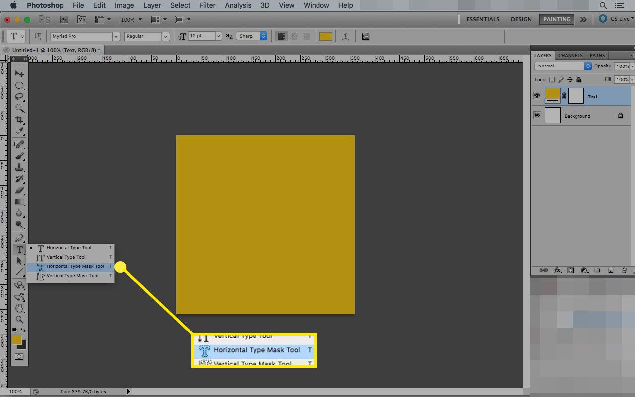 Photoshop op een Mac met het gereedschap Horizontale tekstmasker gemarkeerd
